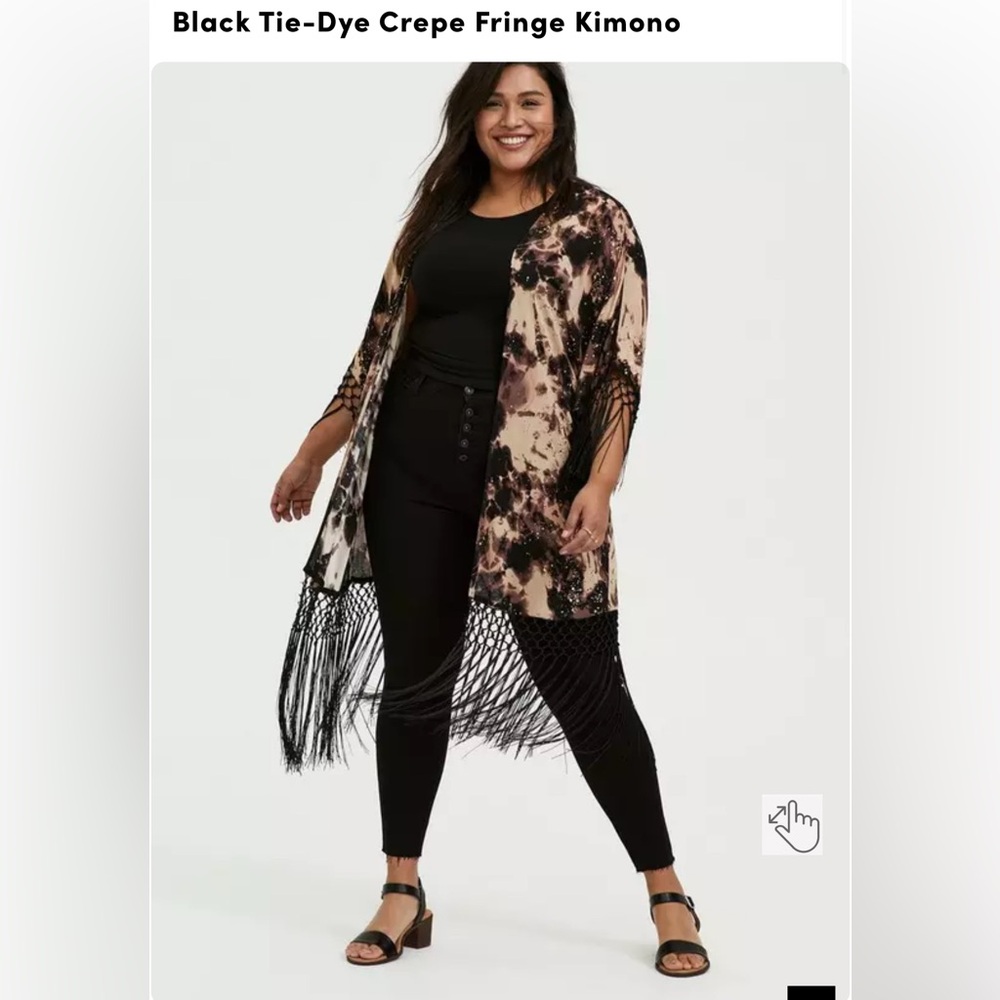 Black Tie-Dye Crepe Fringe Kimono